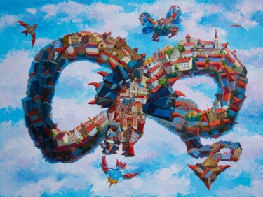 Malerei mit dem Titel "dragon, architectur…" von Kyrylo Bondarenko, Original-Kunstwerk, Öl