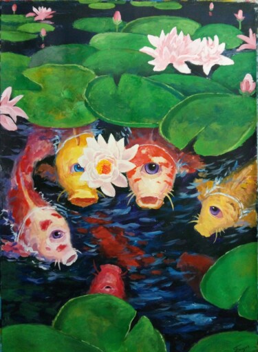 Malerei mit dem Titel "Fukushima koi carps" von Kyrylo Bondarenko, Original-Kunstwerk, Acryl