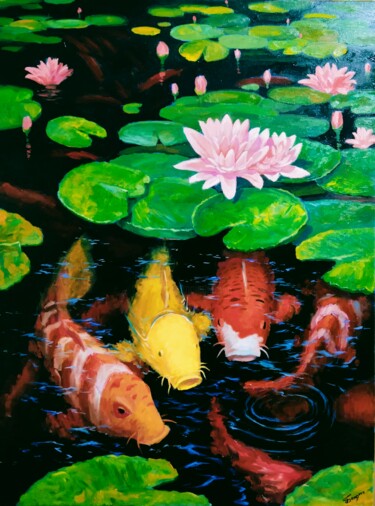 Painting titled "koi carps" by Kyrylo Bondarenko, Original Artwork, Oil