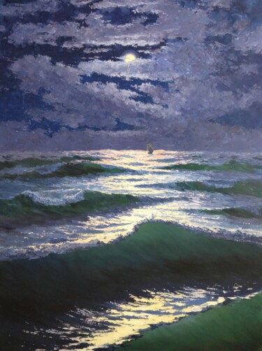 Painting titled "night ocean" by Kyrylo Bondarenko, Original Artwork, Acrylic
