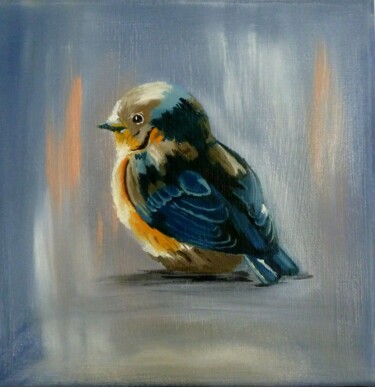 Painting titled "Oiseau bleu" by L'Atelier De La Commanderie, Original Artwork, Oil Mounted on Wood Stretcher frame