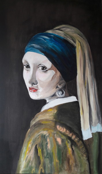 Schilderij getiteld "Vrouw met de parel" door Liesbeth Dingboom, Origineel Kunstwerk, Acryl