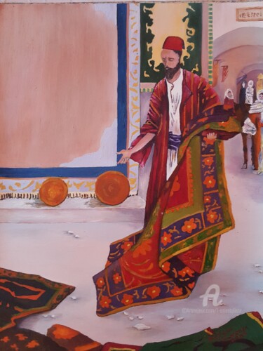 Painting titled "Rug Merchant at the…" by L'Orientaliste, Original Artwork, Oil