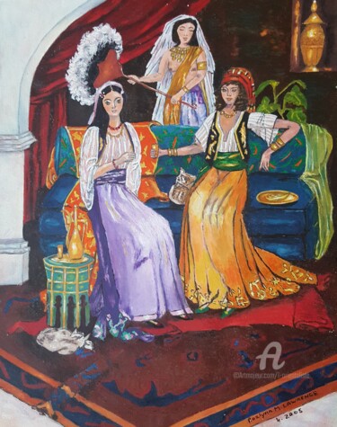 Painting titled "Relaxing Odalisques" by L'Orientaliste, Original Artwork, Watercolor