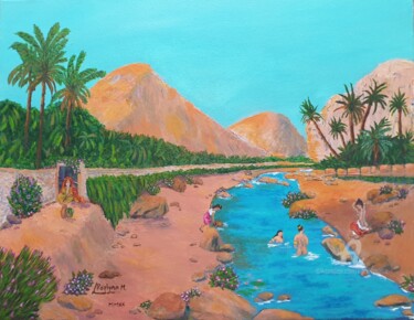 Pittura intitolato "l'oasis, afrique du…" da L'Orientaliste, Opera d'arte originale, Acrilico