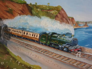 Painting titled "Coastal Steam Train" by L'Orientaliste, Original Artwork, Oil Mounted on Glass