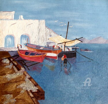 Painting titled "Spanish Fishing Har…" by L'Orientaliste, Original Artwork, Oil Mounted on Glass