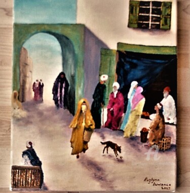 Painting titled "AT THE SOUK" by L'Orientaliste, Original Artwork, Oil