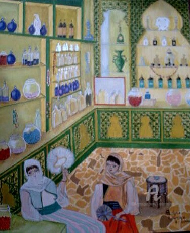 Schilderij getiteld "AT THE PERFUMERY, T…" door L'Orientaliste, Origineel Kunstwerk, Olie