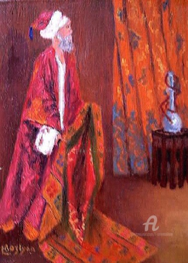 Schilderij getiteld "THE RUG MERCHANT AN…" door L'Orientaliste, Origineel Kunstwerk, Olie