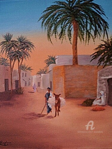 Schilderij getiteld "AN ARAB VILLAGE" door L'Orientaliste, Origineel Kunstwerk, Olie