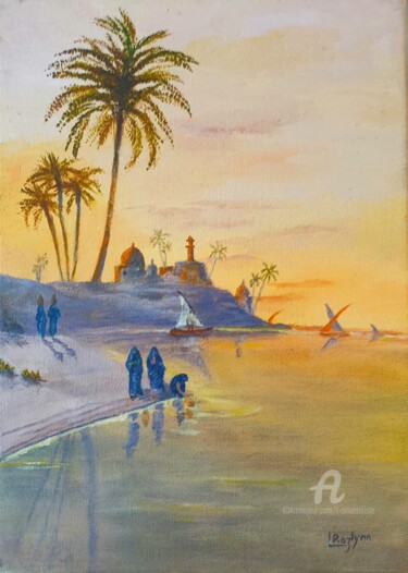 Peinture intitulée "Evening on the Nile" par L'Orientaliste, Œuvre d'art originale, Huile