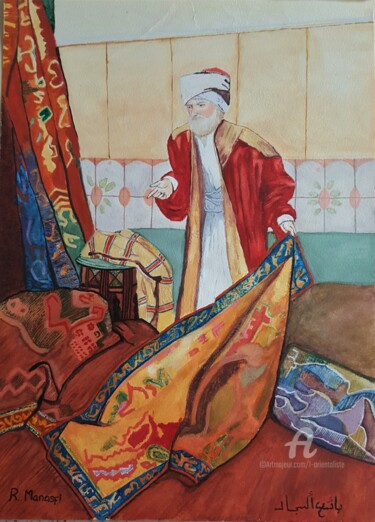 Pittura intitolato "The Carpet Seller b…" da L'Orientaliste, Opera d'arte originale, Acquarello