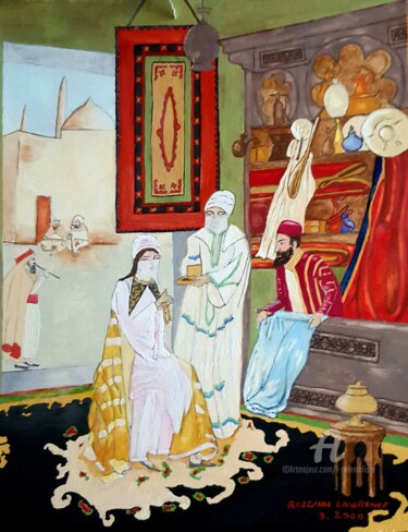 Painting titled "At the Merchants" by L'Orientaliste, Original Artwork, Watercolor
