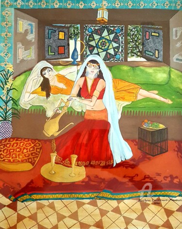 Painting titled "Pouring Tea" by L'Orientaliste, Original Artwork, Watercolor
