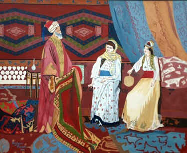 Painting titled "A Carpet Seller" by L'Orientaliste, Original Artwork, Watercolor