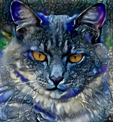 Digital Arts titled "Bleu Doudou - Cat -…" by L.Roche, Original Artwork, Acrylic
