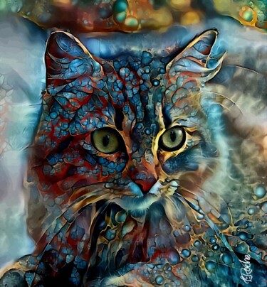 Digitale Kunst mit dem Titel "Moon cat - mix medi…" von L.Roche, Original-Kunstwerk, Acryl