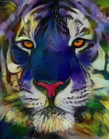 Digital Arts titled "Blue mask feline" by L.Roche, Original Artwork, Acrylic