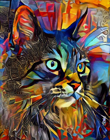 Digitale Kunst mit dem Titel "Lino, cat- Mix medi…" von L.Roche, Original-Kunstwerk, Acryl