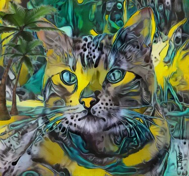 Digitale Kunst getiteld "Eden cat - Mix medi…" door L.Roche, Origineel Kunstwerk, Acryl