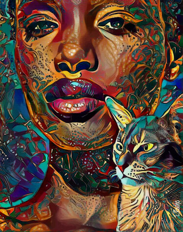 Digital Arts titled "Lyla et son chat" by L.Roche, Original Artwork, 2D Digital Work