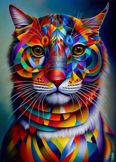Цифровое искусство под названием "Tribus cats 5" - L.Roche, Подлинное произведение искусства, Чернила