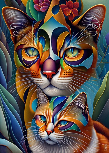 Arts numériques intitulée "Tribus cats 8" par L.Roche, Œuvre d'art originale, Encre