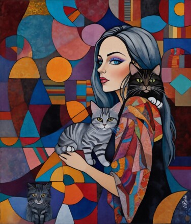 Malerei mit dem Titel "Mara et ses chats" von L.Roche, Original-Kunstwerk, Acryl
