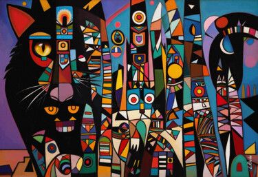 Schilderij getiteld "Totem cat 8" door L.Roche, Origineel Kunstwerk, Acryl