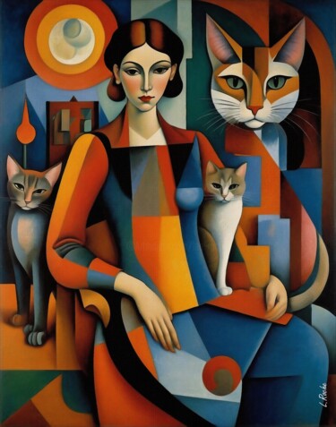 Malerei mit dem Titel "Chiara et ses chats" von L.Roche, Original-Kunstwerk, Acryl