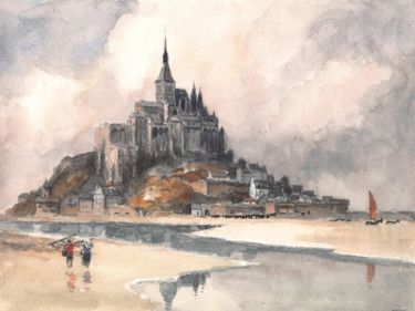 Painting titled "Le Mont St Michel A…" by La Brige, Original Artwork, Watercolor