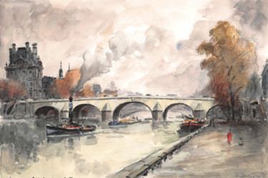 Painting titled "La Seine au Pont Ro…" by La Brige, Original Artwork, Watercolor