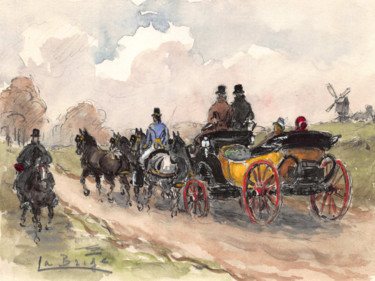 Painting titled "Horse Carriage in 1…" by La Brige, Original Artwork, Watercolor