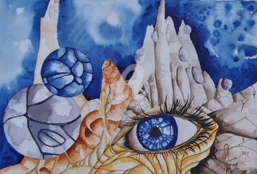 Peinture intitulée "the blue eye of pla…" par Jean-Christophe Labrue, Œuvre d'art originale, Aquarelle