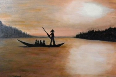 Painting titled "Sur le lac Togo" by Christi Thiébaud, Original Artwork