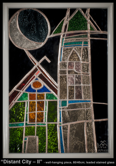 Schilderij getiteld "Distant City - II (…" door Lachezar Dochev, Origineel Kunstwerk, Gebrandschilderd glas