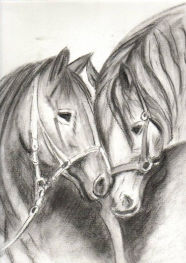 Dessin intitulée "Couple chevaux" par Laconich, Œuvre d'art originale