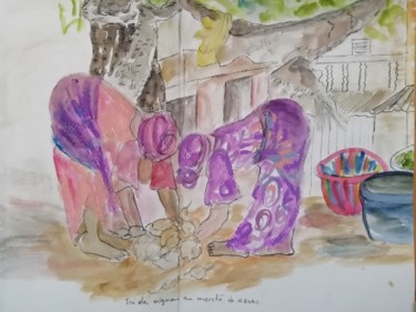 Tekening getiteld "Marchandes chatoyan…" door Line Lacroix, Origineel Kunstwerk, Pastel