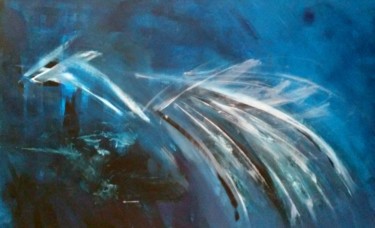 Painting titled "Paon bleu" by Line Lacroix, Original Artwork, Acrylic