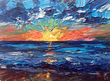 Painting titled "Sunset over ocean" by Lada Kholosho, Original Artwork, Acrylic Mounted on Cardboard