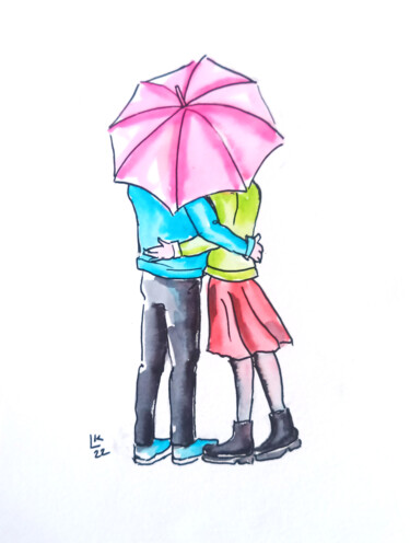 Zeichnungen mit dem Titel "Loving couple under…" von Lada Kholosho, Original-Kunstwerk, Aquarell