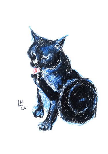 Painting titled "Black Cat Bites its…" by Lada Kholosho, Original Artwork, Pastel
