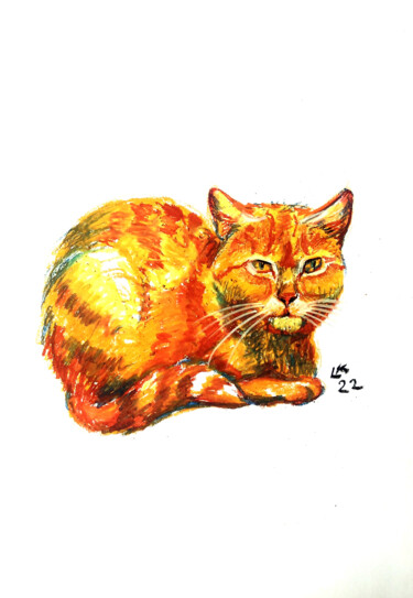 Painting titled "Ginger Cat" by Lada Kholosho, Original Artwork, Pastel