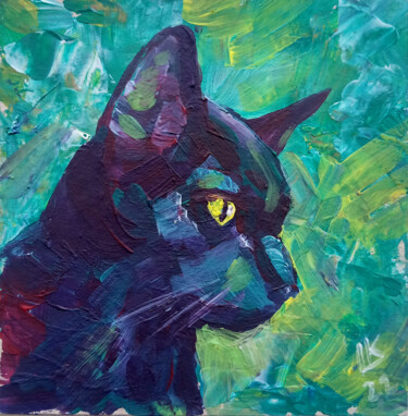 Malerei mit dem Titel "Black Cat on the Gr…" von Lada Kholosho, Original-Kunstwerk, Acryl