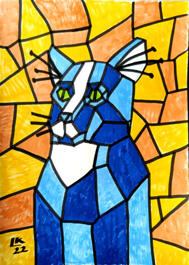 Painting titled "Cubist cat" by Lada Kholosho, Original Artwork, Watercolor