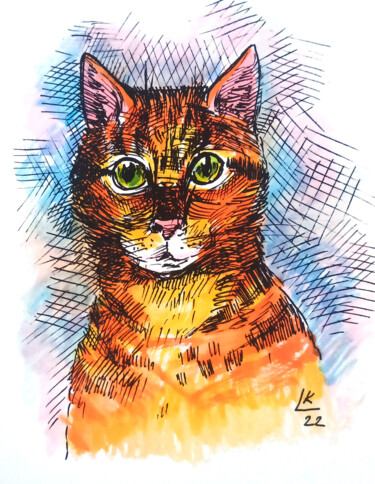 Painting titled "Ginger cat portrait" by Lada Kholosho, Original Artwork, Watercolor