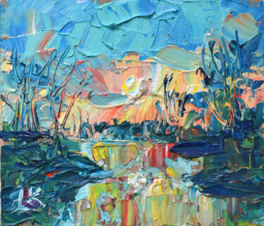 Painting titled "Riverside sunset" by Lada Kholosho, Original Artwork, Oil