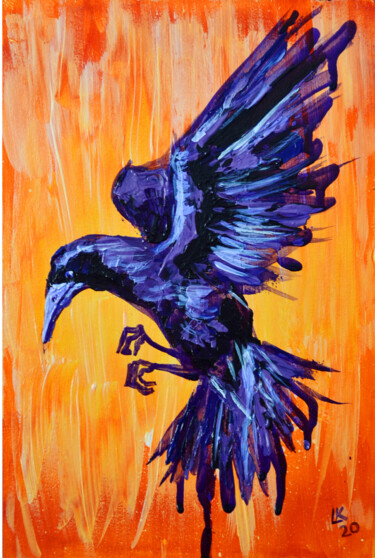 Painting titled "Black crow on an or…" by Lada Kholosho, Original Artwork, Acrylic