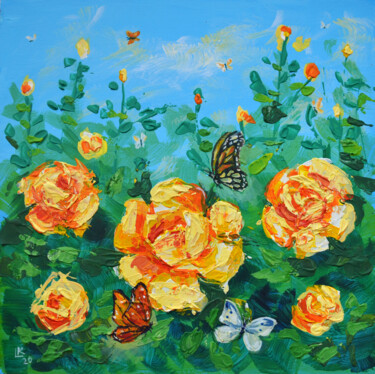 Schilderij getiteld "Roses and butterfli…" door Lada Kholosho, Origineel Kunstwerk, Acryl